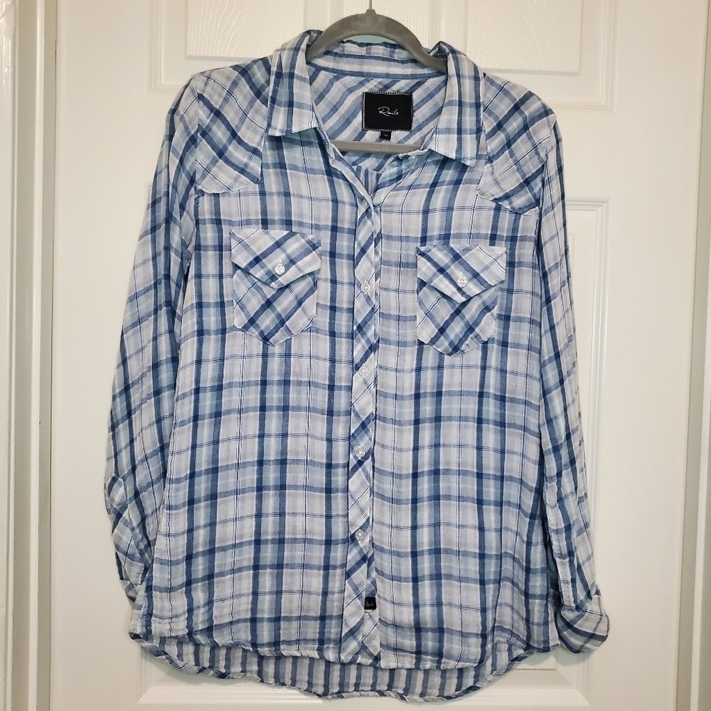 Rails Kendra Plaid Button Up Long Sleeve Cotton Shirt M Blue